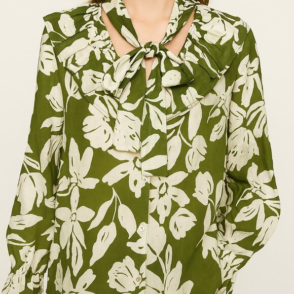 Zara Tops - ZARA Green with White Floral Print Cascading Ruffle Sheer Blouse Size XS